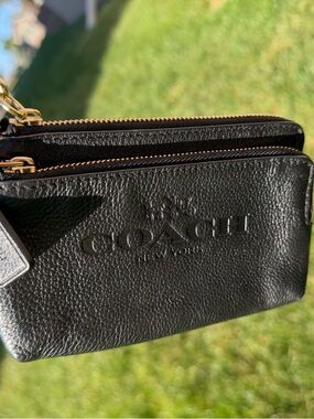 Coach Black Pebbled Leather Double Zip Wristlet with Gold Hardware in EUC.